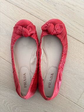 Prada Red Leather Knot Toe Ballet Flats